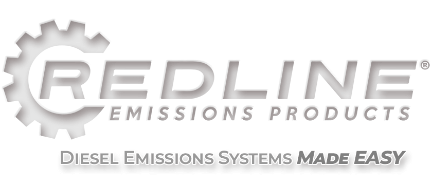 Redline Emissions Products logo in white with tag line